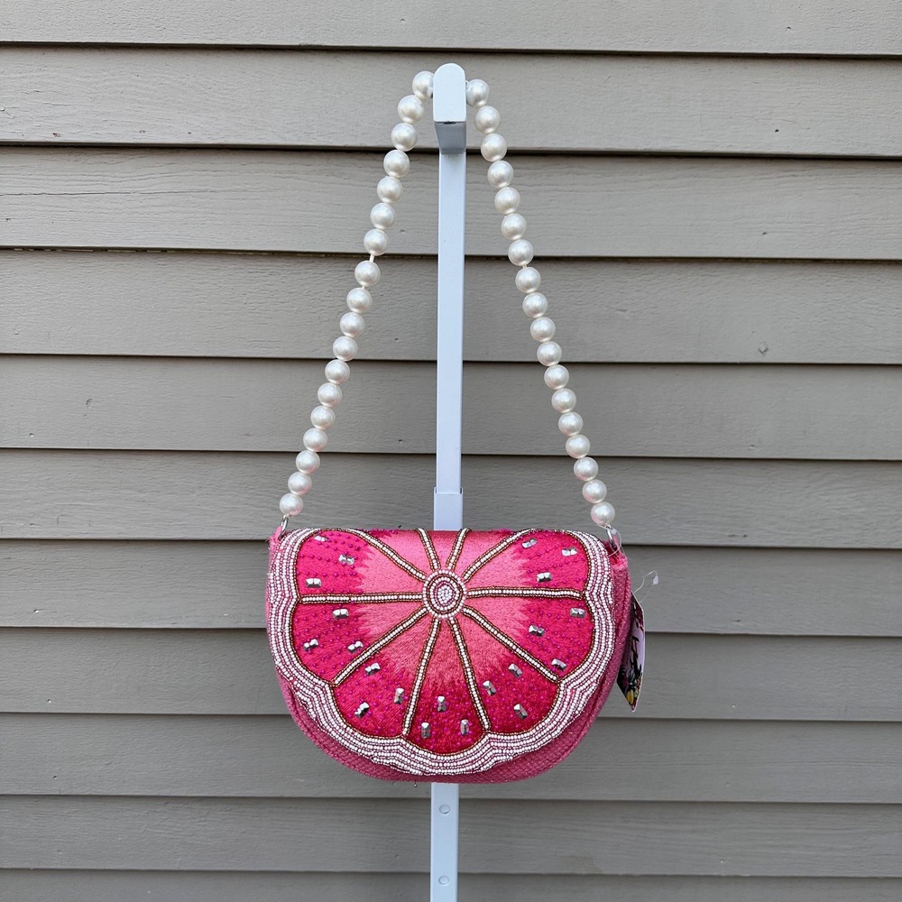 Kayu Limited Edition Pink Grapefruit Beaded Pearl Strap Shoulder Bag Novelty